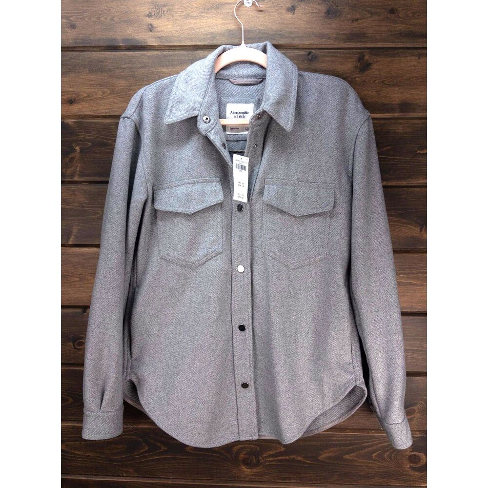 Abercrombie & Fitch Wool Blend Shirt Jacket Gray Herringbone Size Small NWT